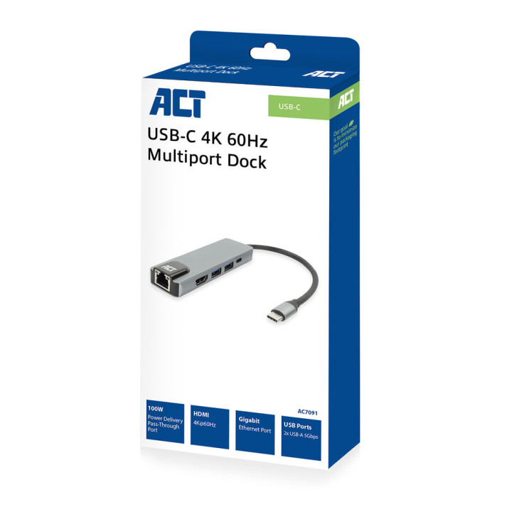 USB-C докинг станция ACT AC7091, HDMI 4K@60Hz, Gigabit Ethernet, 2x USB-A, USB-C PD 100W - 9