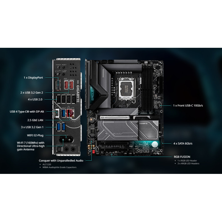 Дънна платка GIGABYTE Z890 EAGLE WIFI7 PLUS, Intel Z890, LGA1851, DDR5 9466+MT/s (OC), PCIe 5.0, Wi-Fi 7, 2.5GbE - 5