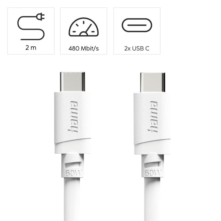 Кабел HAMA USB-C към USB-C, 2m, 60W, 480Mbps, бял - HAMA-201809 - 3