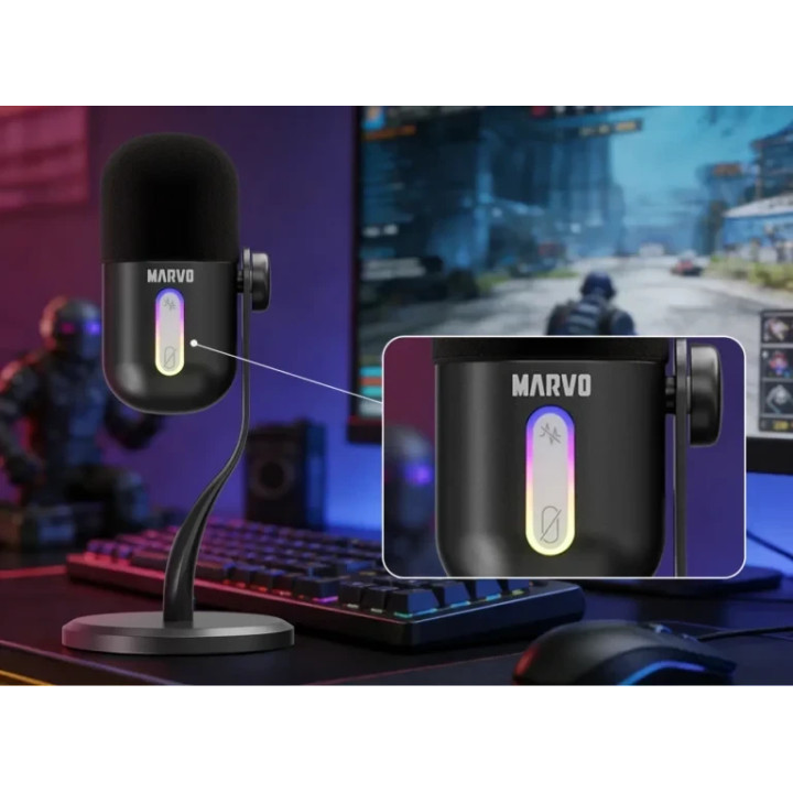Микрофон Marvo Blast 50, USB/3.5mm, RGB подсветка, шумопотискане - MIC-08-BK - 6