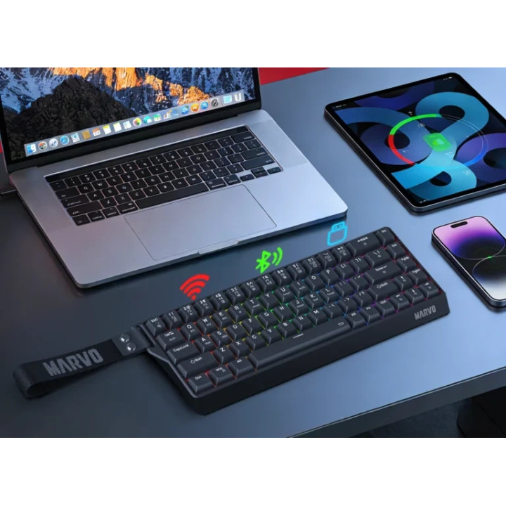 Безжична механична геймърска клавиатура Marvo Saber KG965W, 65%, Banana Crystal Linear, RGB подсветка, Bluetooth 5.3 - KG965W-BK