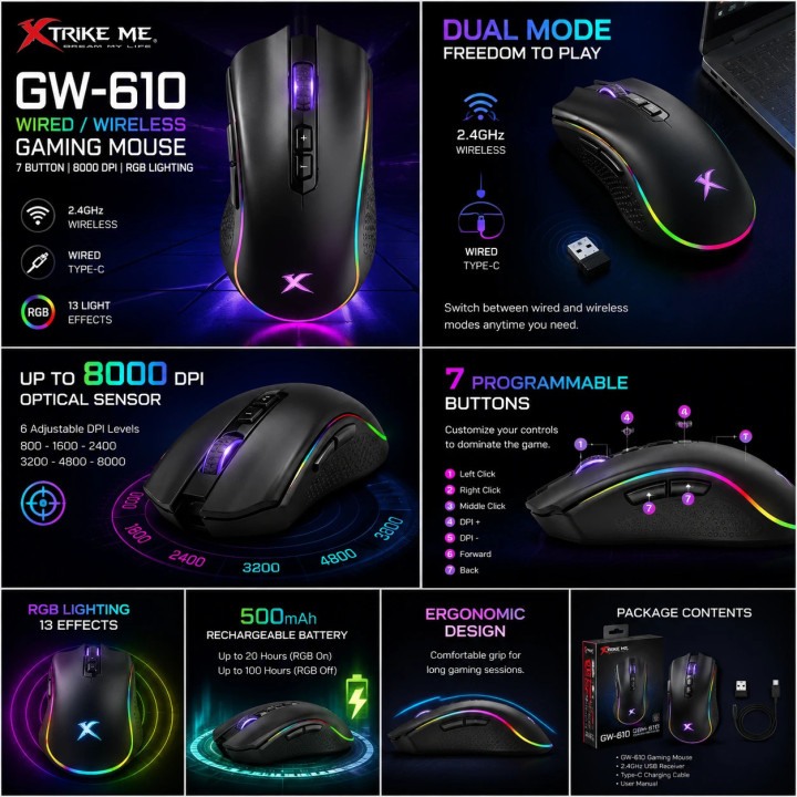 Безжична геймърска мишка Xtrike ME GW-610, 8000 dpi, RGB подсветка, 7 бутона - XTRM-GW-610 - 3