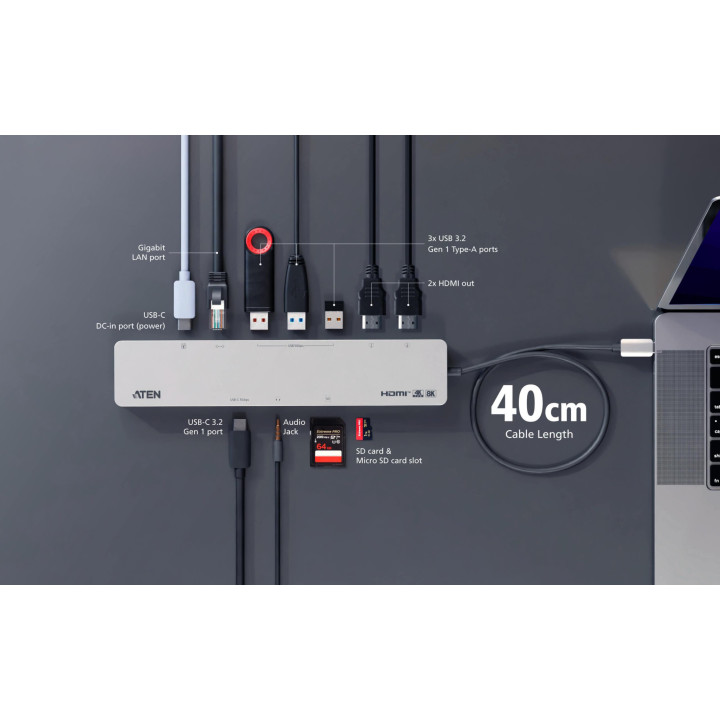 Докинг станция ATEN UH3240, 11-in-1 USB-C Multiport, 2x HDMI, LAN, 3.5mm, USB-C, SD/microSD, 3x USB 3.2, Power Pass-Through - UH