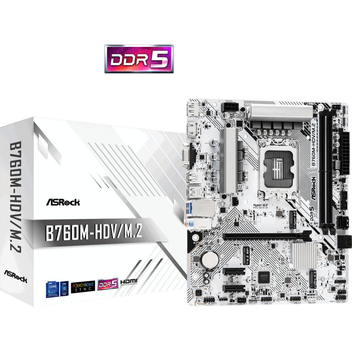 Дънна платка ASRock B760M-HDV/M.2, LGA1700, DDR5, PCI-E 4.0, 2x M.2, USB Type-C, Micro ATX - 1