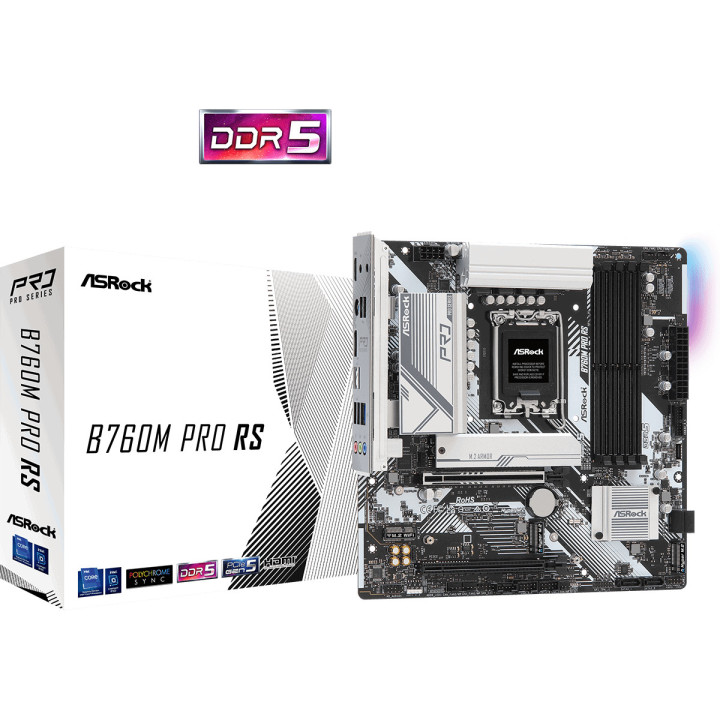 Дънна платка AsRock B760M Pro RS, LGA1700, DDR5, 1x PCIe 5.0, 3x Hyper M.2 PCIe Gen4x4 - 1