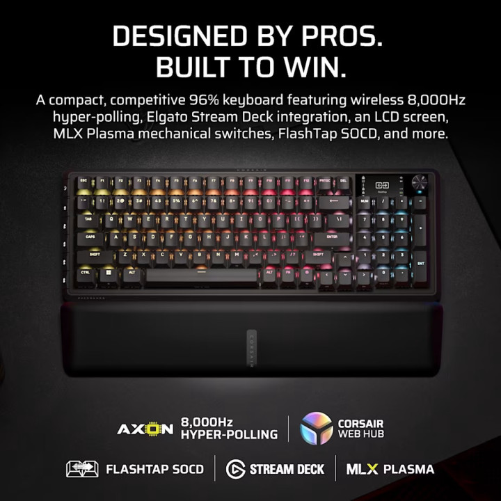 Безжична механична геймърска клавиатура CORSAIR VANGUARD 96, RGB подсветка, CORSAIR MLX Plasma суичове, Black PBT keycaps - CH-9