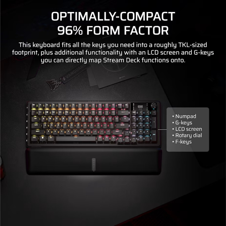 Безжична механична геймърска клавиатура CORSAIR VANGUARD 96, RGB подсветка, CORSAIR MLX Plasma суичове, Black PBT keycaps - CH-9