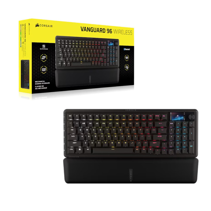 Безжична механична геймърска клавиатура CORSAIR VANGUARD 96, RGB подсветка, CORSAIR MLX Plasma суичове, Black PBT keycaps - CH-9