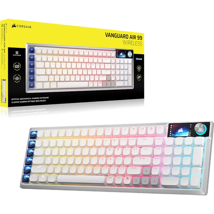 Bluetooth механична нископрофилна геймърска клавиатура CORSAIR Vanguard Air 99, Wireless, RGB LED, CORSAIR LP OPX суичове, бяла 