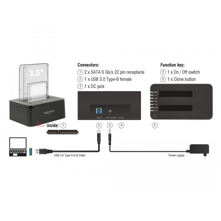 Външна докинг станция DeLock 62661, 2.5"/3.5" SATA, USB 3.0, Функция за клониране - DELOCK-62661 - 2