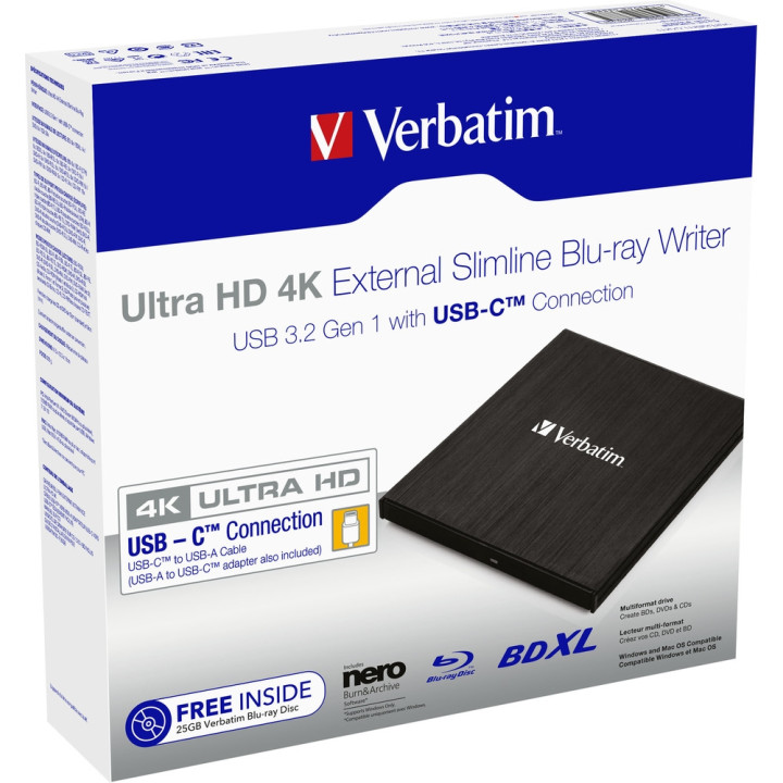 Външно оптично устройство Verbatim Ultra HD 4K Blu-ray Writer, USB 3.2 Gen1 Type-C, 6x BD-R/4x BD-R DL - 43888 - 3