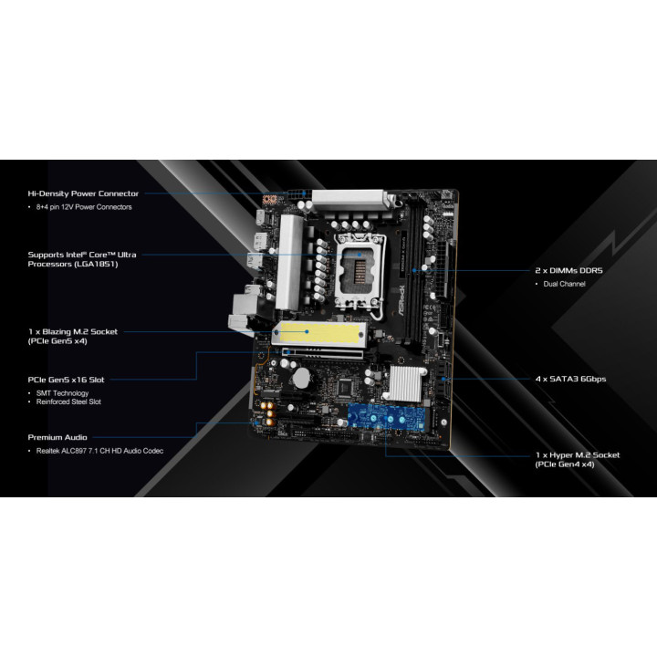 Дънна платка ASRock B860M-X, LGA1851, B860, DDR5, PCIe 5.0 x16, 4x SATA3, 2.5GbE LAN, mATX - 4