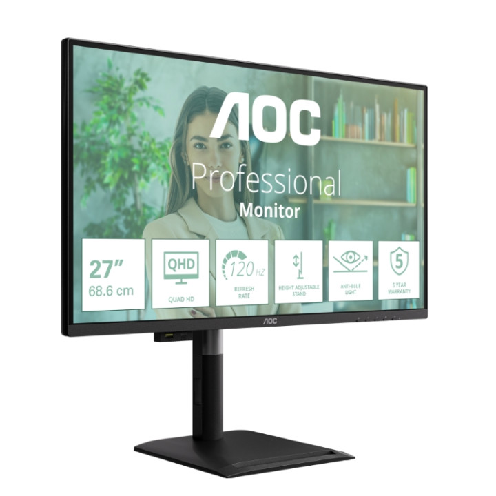 Монитор AOC Q27P4U, 27" (68.58 cm) IPS, WQHD 2560x1440@120Hz, 4ms, 350 cd/m², Adaptive-Sync, USB-C, HDMI, DP, USBHub, регулируем