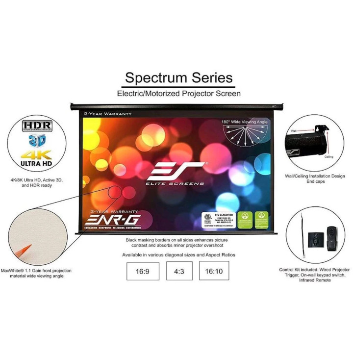 Прожекционен екран Elite Screen Electric125H Spectrum, 125" (16:9), 276.9 x 155.7 cm, MaxWhite - ELECTRIC125H - 10