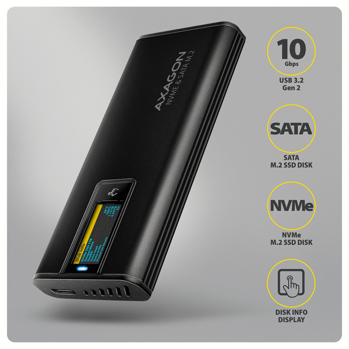 Външна кутия за SSD диск AXAGON EEM2-SD2B, USB-C 10Gbps за M.2 NVMe/SATA SSD, с дисплей - 2