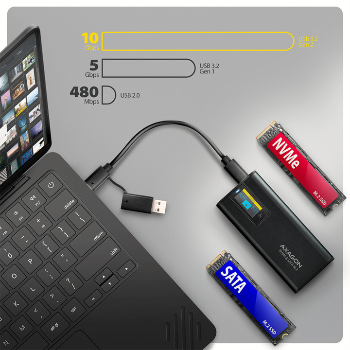 Външна кутия за SSD диск AXAGON EEM2-SD2B, USB-C 10Gbps за M.2 NVMe/SATA SSD, с дисплей - 8