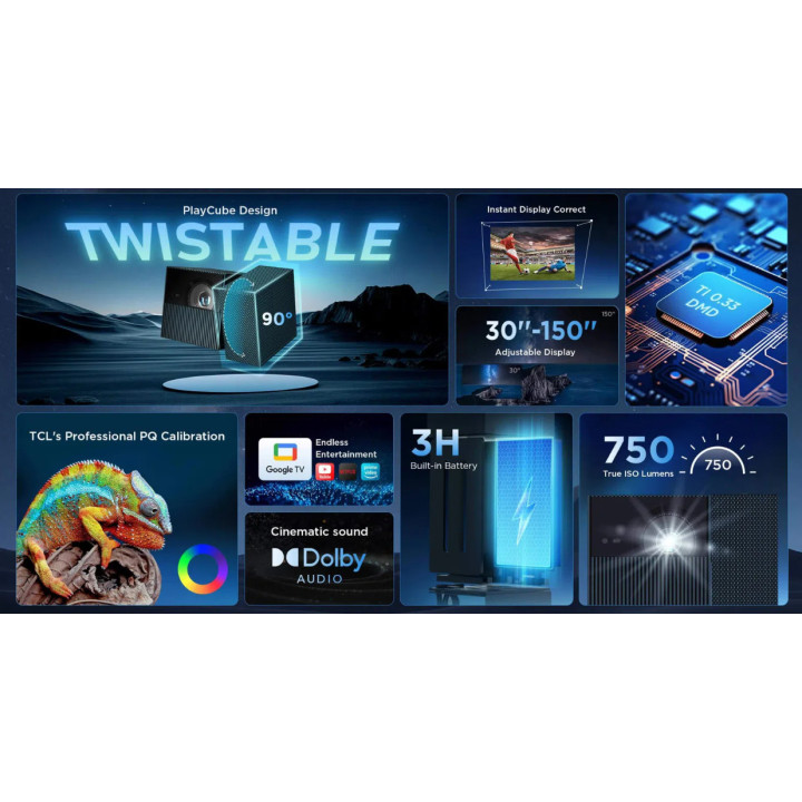 Проектор TCL PLAYCUBE, 1080P DLP, 750 ISO Lumens, Google TV, Netflix Certified, 66Wh Battery - 3