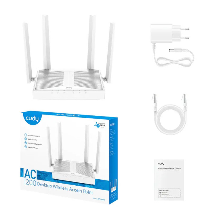 Рутер Cudy AP1300D, Wi-Fi AC1200, 2.4GHz/5GHz, Gigabit Ethernet, PoE - CUDY-AP1300D - 2