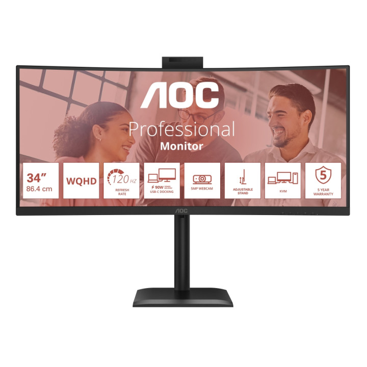 Монитор AOC CU34E4CW, 34" Curved UWQHD VA 120Hz, 5MP Webcam, USB-C Hub, KVM - 1