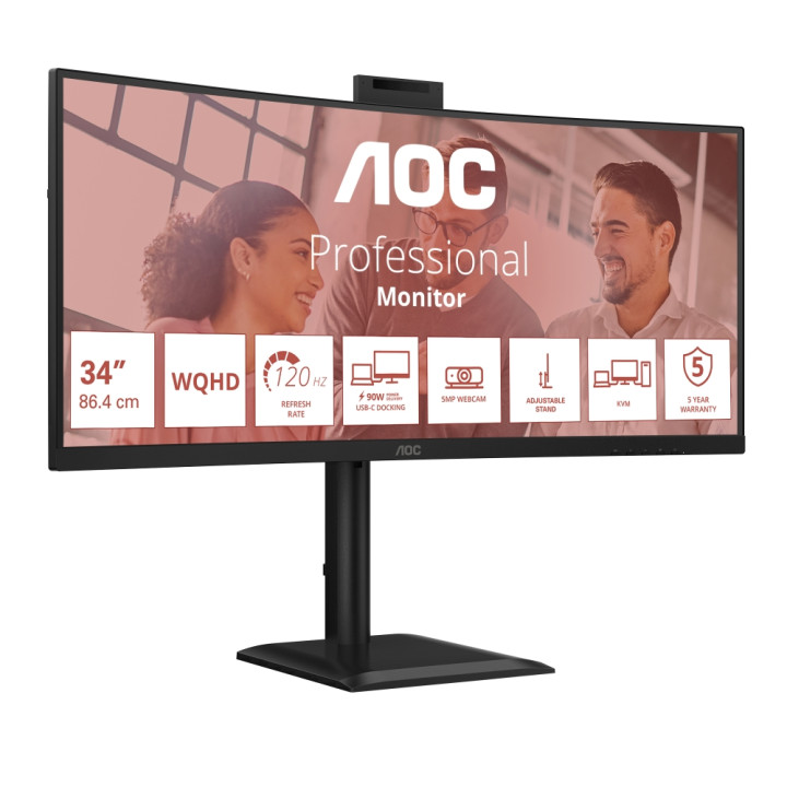 Монитор AOC CU34E4CW, 34" Curved UWQHD VA 120Hz, 5MP Webcam, USB-C Hub, KVM - 2