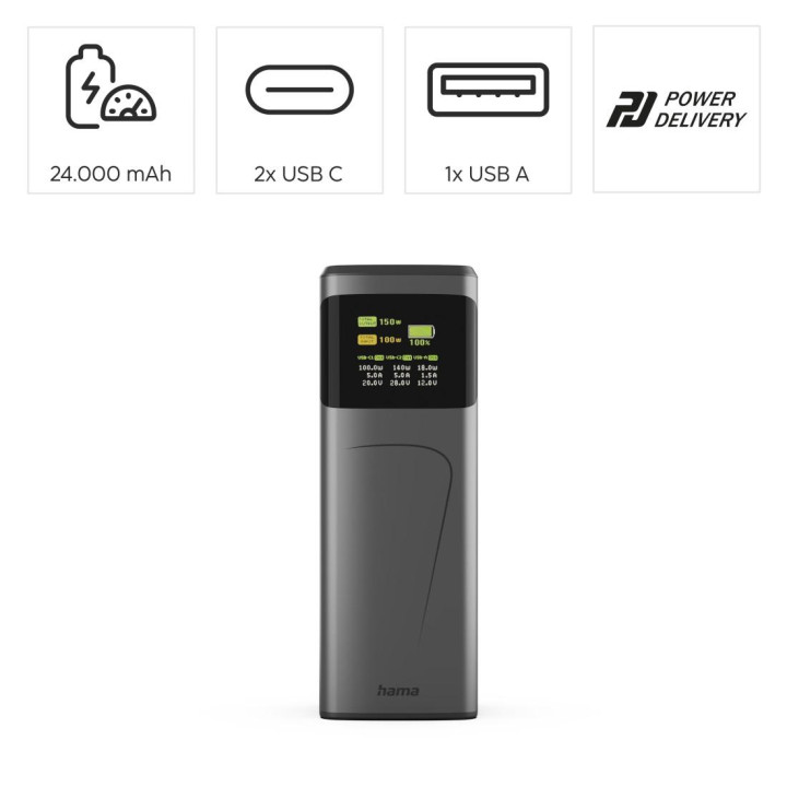 Външна батерия HAMA High Power, 24000 mAh, 150W, 2x USB-C, USB-A, бързо зареждане - HAMA-201742 - 5
