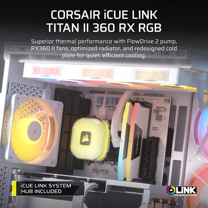 Водно охлаждане за процесор CORSAIR iCUE LINK TITAN II 360 RX RGB White, 360mm радиатор - CW-9061038-WW - 2