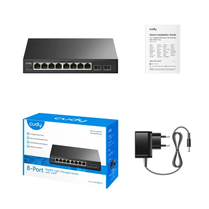 Суич Cudy GS108ES2, 8-Port Gigabit Easy-Managed, 8x10/100/1000Base-T + 2xSFP, Web Management - 2