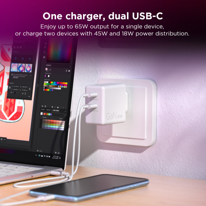 Адаптер Lenovo Dual USB-C, 65W, бял - G0A6065WEU - 2
