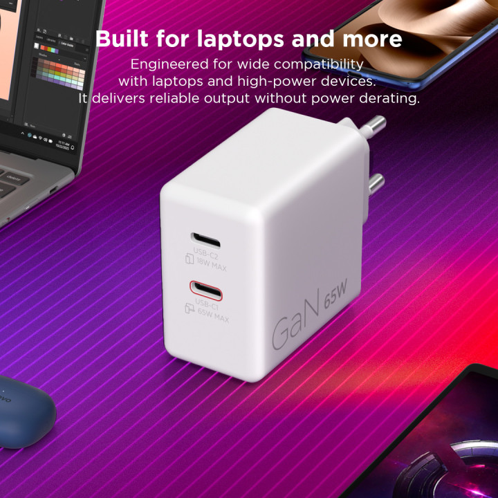 Адаптер Lenovo Dual USB-C, 65W, бял - G0A6065WEU - 3
