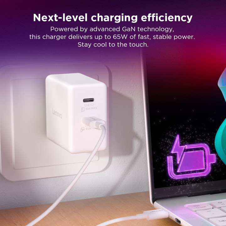 Адаптер Lenovo Dual USB-C, 65W, бял - G0A6065WEU - 5
