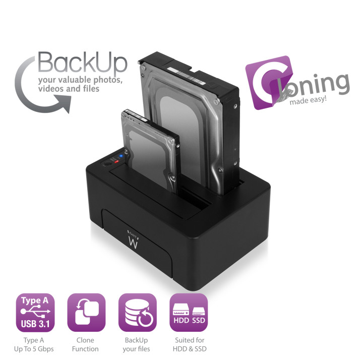 Докинг станция за дискове Ewent EW7014, двойна за 2.5"/3.5" SATA HDD/SSD, USB 3.2 Gen1 - 2