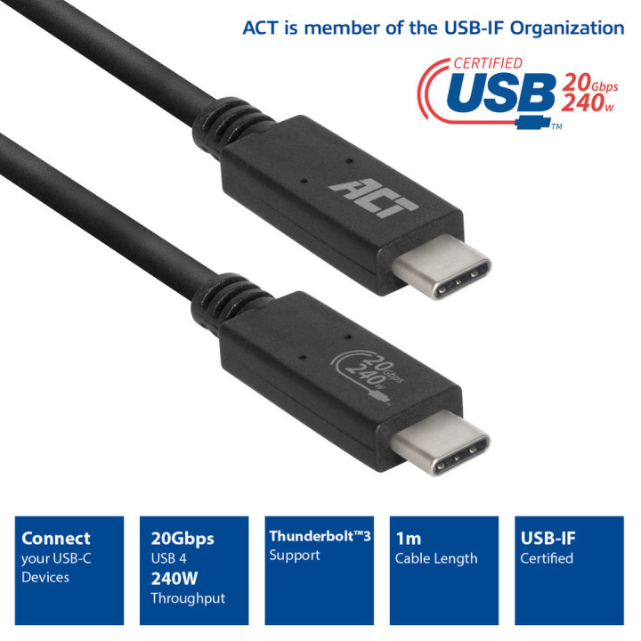 USB-C кабел ACT AC7431, USB4, 20Gbps, 240W, USB-IF сертифициран, 1m - AC7431 - 2