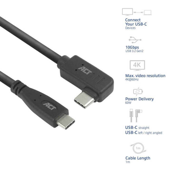 USB-C към USB-C кабел ACT AC7406, 1m, 10Gbps, 60W PD, 4K, 90° ъглов конектор - 5