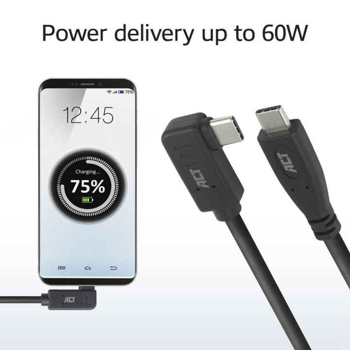 USB-C към USB-C кабел ACT AC7406, 1m, 10Gbps, 60W PD, 4K, 90° ъглов конектор - 6