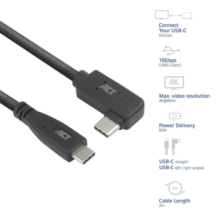 USB-C кабел ACT, USB 3.2 Gen 2 (10Gbps, 60W, 4K@30Hz), прав към ъглов, 2m - AC7407 - 6