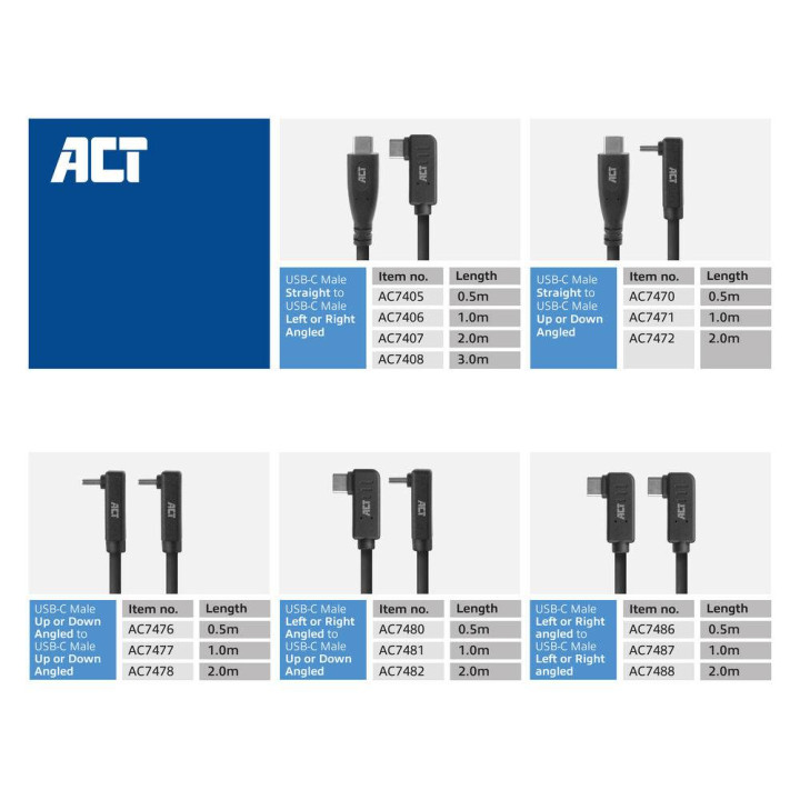 USB-C кабел ACT, USB 3.2 Gen 2 (10Gbps, 60W, 4K@30Hz), прав към ъглов, 2m - AC7407 - 7
