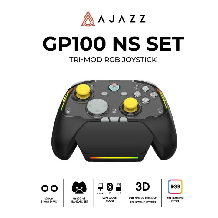 Геймпад Ajazz GP100 NS Set, Hall Effect, 1000Hz, Tri-Mode (USB-C/2.4GHz/Bluetooth), 16 бутона, RGB, безжично зареждане - AJ-GP10