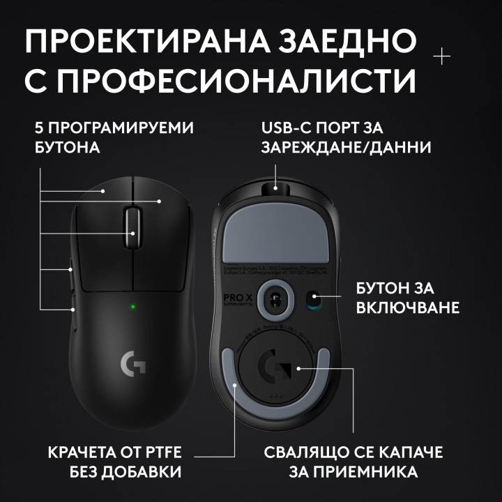 Безжична геймърска мишка Logitech G Pro X Superlight 2, HERO 2 32000 dpi, Black - 910-007801 - 7