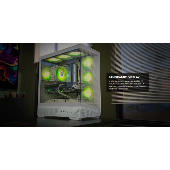 Кутия за компютър MSI MAG PANO 130R PZ WHITE, Mid-Tower, ATX, 4x 120mm ARGB вентилатора, Tempered Glass, бяла - 306-7G32W21-HH9 