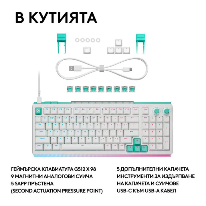 Геймърска механична клавиатура Logitech G512 X, 98%, Dual Swap Analog/Mechanical, RGB подсветка, USB, бяла - 920-014003 - 9