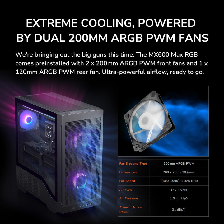 Кутия за компютър COUGAR MX600 Max RGB Black, 2x200mm ARGB PWM вентилатора - CGR-2ZA50B-RGB - 2