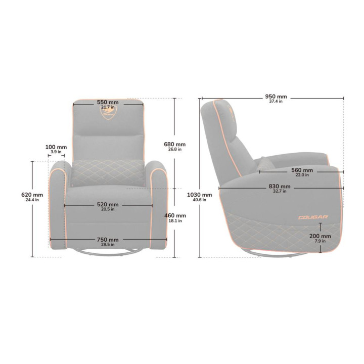 Геймърско кресло COUGAR Fidom Gray, регулируема облегалка 95-160°, страничен джоб, до 150 кг - CGR-FDF-GRO - 9