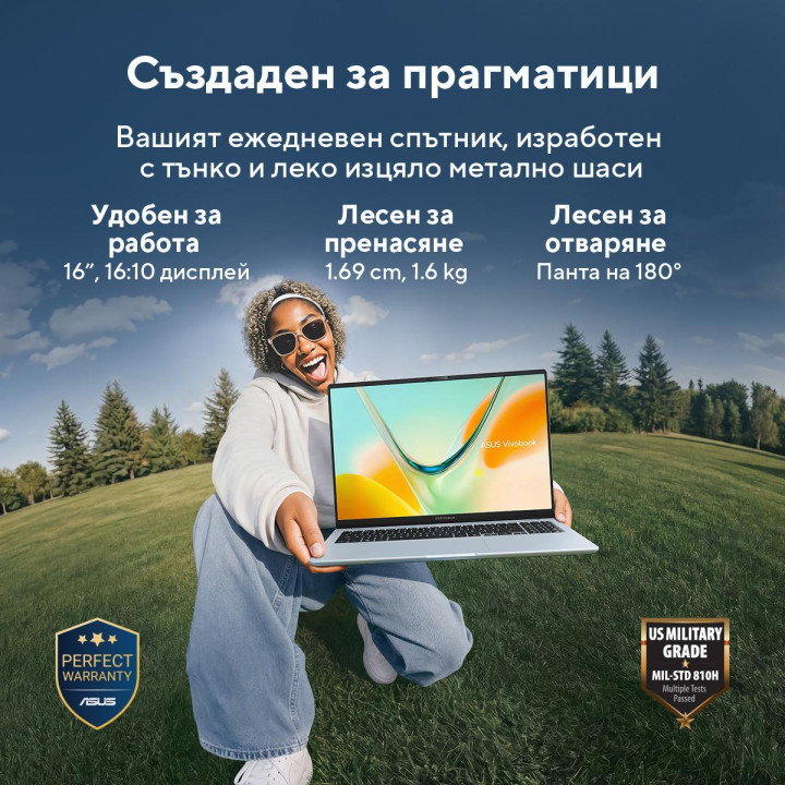 Лаптоп ASUS Vivobook S16 S5608QA-MB234W, 16" WUXGA IPS, Snapdragon X X1-26-101, 16GB LPDDR5X, 256GB SSD, Win11 Home - 90NB19C2-M