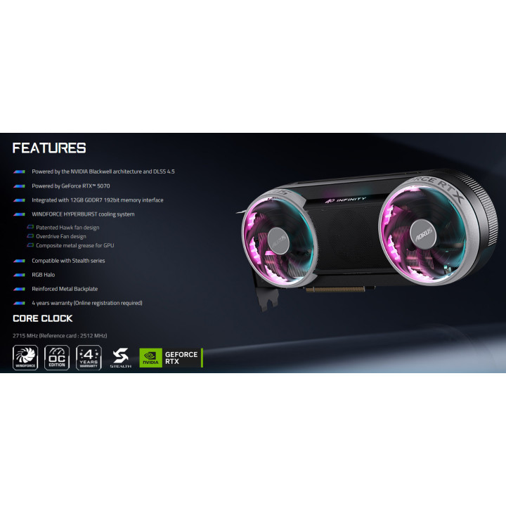 Видео карта Gigabyte Aorus GeForce RTX 5070, 12GB GDDR7, 192-bit - GV-N5070AORUS IF-12GD - 2