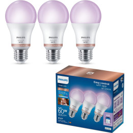 Комплект 3бр. LED смарт крушки PHILIPS A60, E27, 8.5W (60W), 806lm, Wi-Fi, пълноцветни 2200-6500K - 8720169204423 - 1