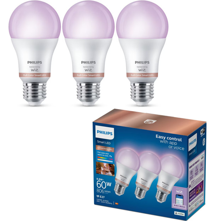 Комплект 3бр. LED смарт крушки PHILIPS A60, E27, 8.5W (60W), 806lm, Wi-Fi, пълноцветни 2200-6500K - 8720169204423 - 1