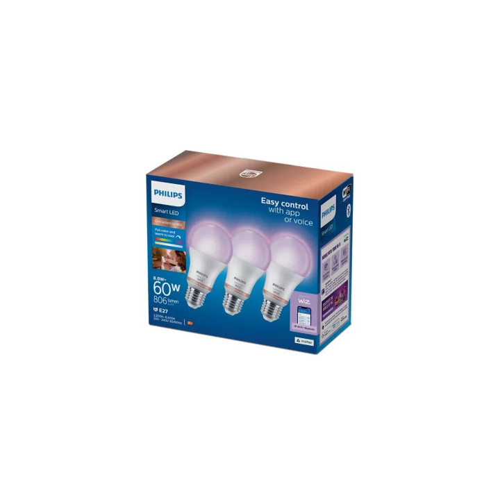 Комплект 3бр. LED смарт крушки PHILIPS A60, E27, 8.5W (60W), 806lm, Wi-Fi, пълноцветни 2200-6500K - 8720169204423 - 2
