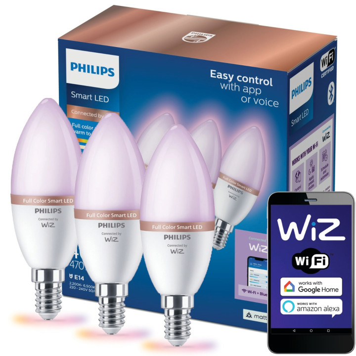 Умна LED крушка Philips WiZ, 3 бр., E14, 40W еквивалент, 2200-6500K, Wi-Fi - 8720169210318 - 1