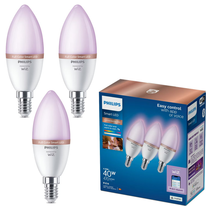 Умна LED крушка Philips WiZ, 3 бр., E14, 40W еквивалент, 2200-6500K, Wi-Fi - 8720169210318 - 3