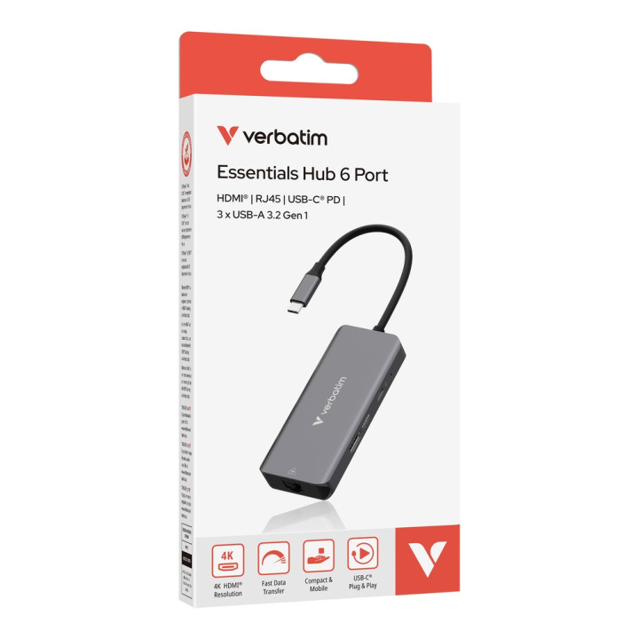 Докинг станция Verbatim USB-C Essentials Multiport Hub, 6 Port, 3x USB-A 3.2 Gen 1, USB-C PD 100W, HDMI 4K/30Hz, RJ45 1000 Mbps 